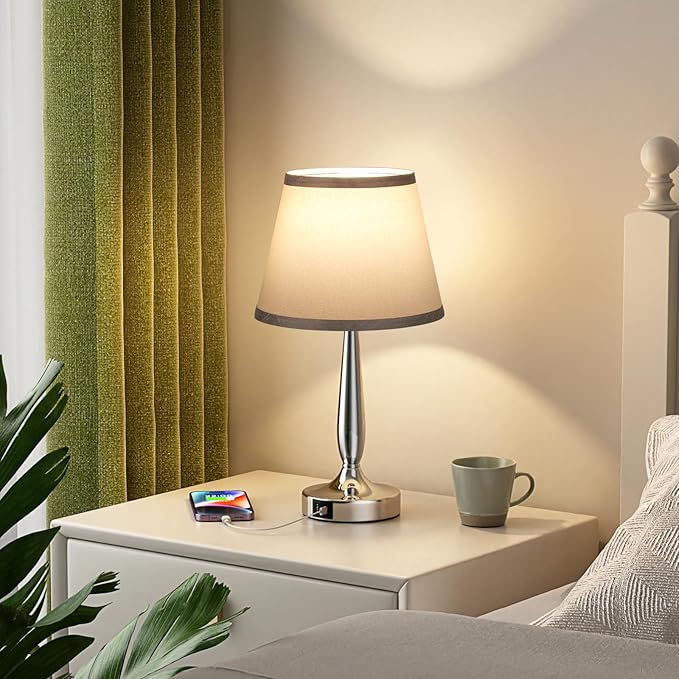 Kakanuo Touch Table Lamp for Bedroom, Small Bedside Lamp with USB C Charging Port, 3 Way Dimmable Touch Control Nightstand Lamp for Living Room and Office, Gray Shade and Silver Base