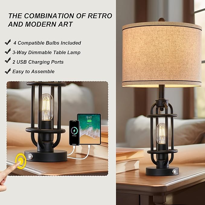 23.75'' Industrial Black Metal Table Lamps Living Room Lamp for Nightstand Bedroom lamp Single Bedside End Side Table Lamps Home Decor Touch Lamp Modern Lamps with USB Ports, Bulbs Included