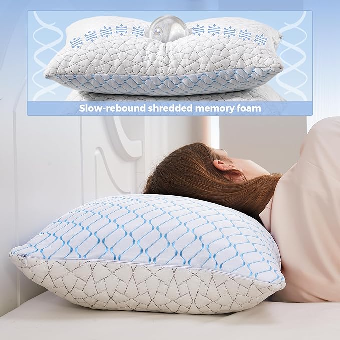 puredown Pillows Queen Size Set of 2, Shredded Memory Foam Pillows, Cooling Foam Pillow for Sleeping, Soft Bed Pillow Queen Size with Adjustable Foam for Side, Back and Stomach Sleepers