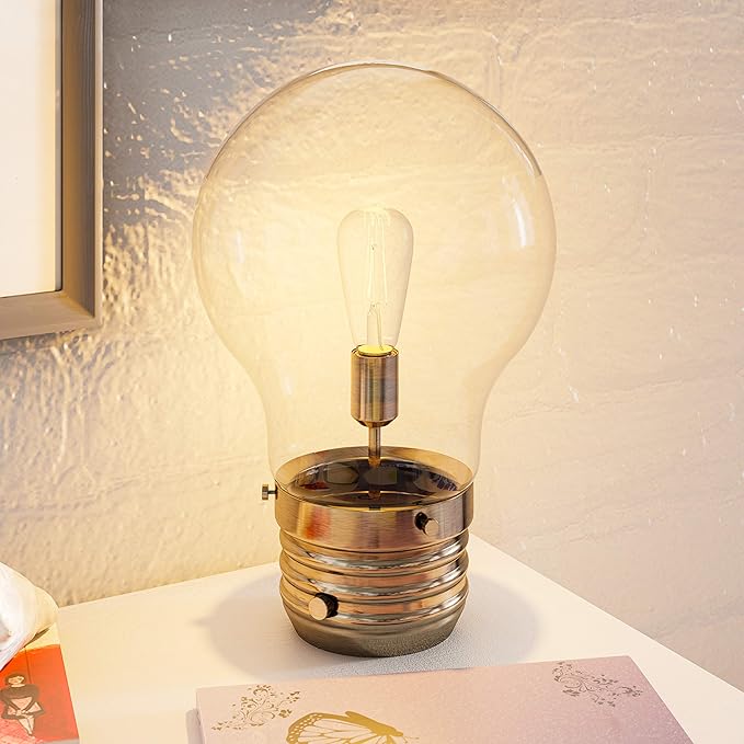 Kenroy Home 32462AB Edison Table Lamp with Antique Brass Finish, Rustic Style, 18" Height, 11.438" Width, 11.438" Depth