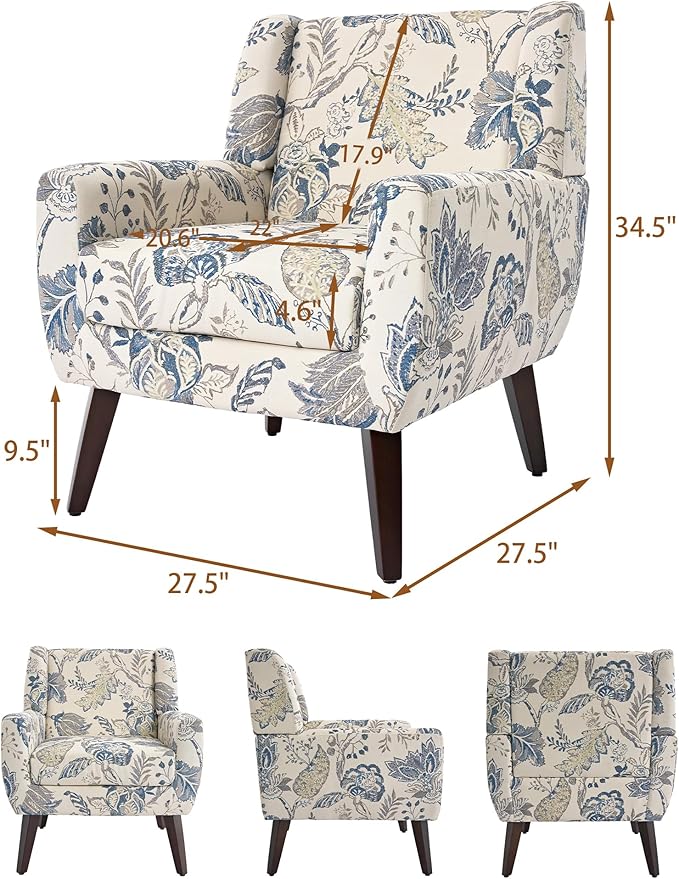 Accent Chair, Modern Linen Blend Arm Chair for Living Room, Bedroom, Comfy High-Resilient Sponge Reading Chair for Small Spaces (Pattern Leaf, Set of 1)