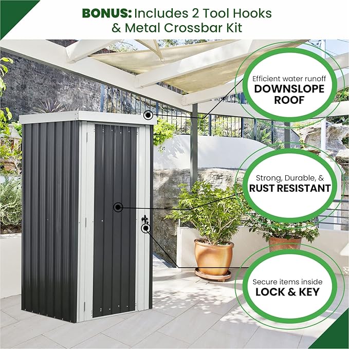 Hanover Galvanized Steel Single Door Patio Storage Shed for Garden Tools with Twist Lock and Key Security, 2 Tool Hooks (3'x3'x6') Dark Gray, White Rust Resistant Outdoor Storage for Yard Supplies