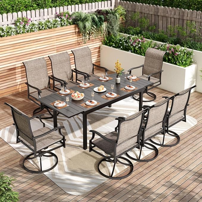 PHI VILLA Patio Dining Set for 8, 9 Piece Outdoor Table Chairs Set with 8 High Back Swivel Dining Chairs and Extendable Metal Patio Table for Lawn Garden