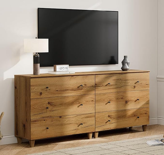 WAMPAT TV Stand Dresser for 75+ Inches TVs, 2-in-1 Wood Media Console Table with 6 Drawers, Modern Highboy Entertainment Center with Storage for Living Room Bedroom, Oak Brown