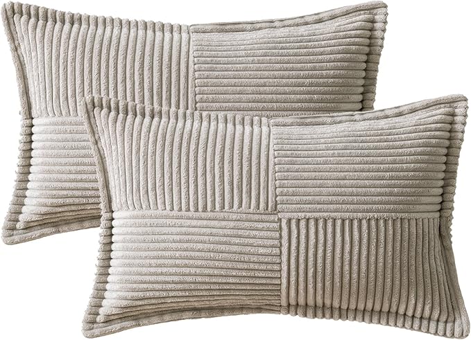 MIULEE Light Grey Corduroy Lumbar Pillow Covers 12x20 Inch 12x20 Inch with Splicing Set of 2 Soft Boho Pillow Covers Broadside Decorative Textured Pillowcases for Couch Bed Livingroom