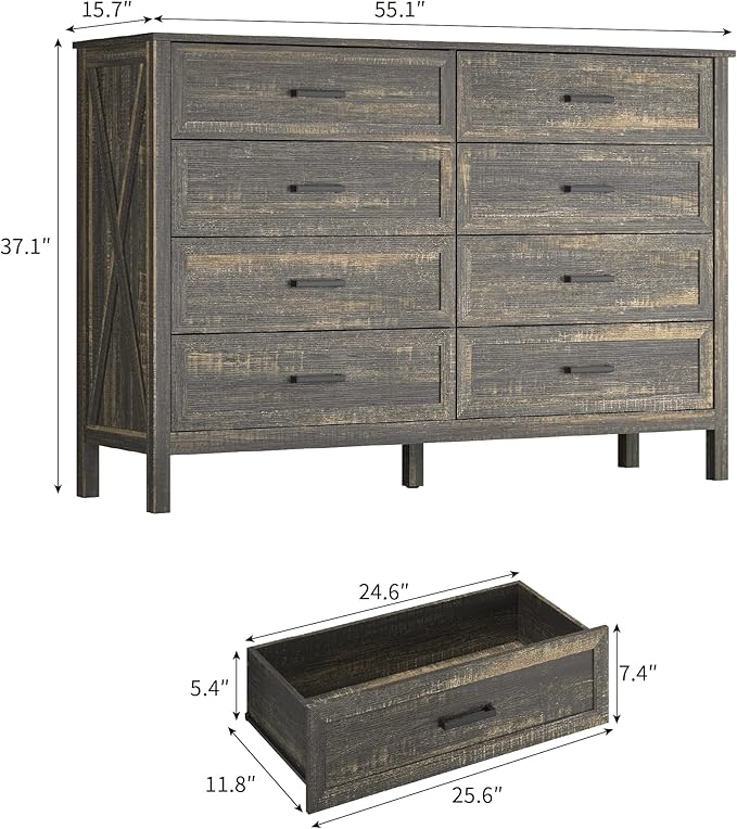 Farmhouse 8 Drawers Dresser for Bedroom, Wood Rustic Wide Chest with Natural Texture, Large Dressers for Bedroom, Hallway, Entryway, Dark Brown