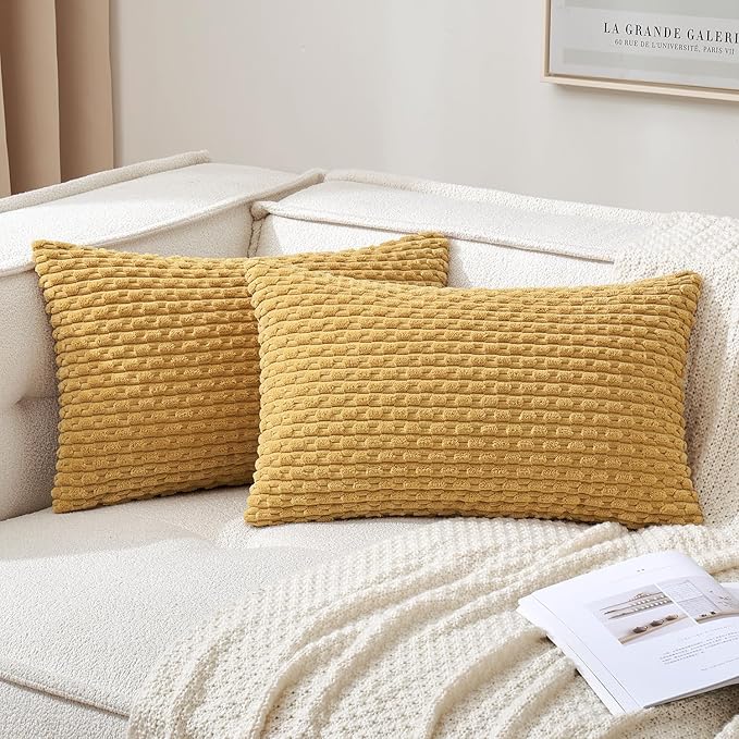 MIULEE Throw Pillow Covers Soft Corduroy Decorative Set of 2 Boho Striped Pillow Covers Pillowcases Farmhouse Home Decor for Spring Couch Bed Sofa Living Room 12x20 Inch Gold