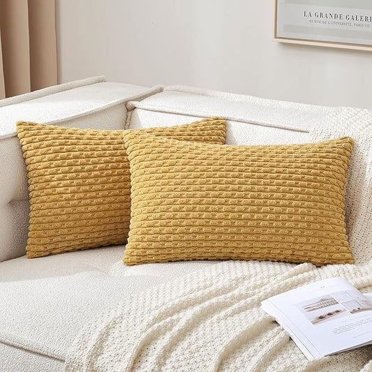 MIULEE Throw Pillow Covers Soft Corduroy Decorative Set of 2 Boho Striped Pillow Covers Pillowcases Farmhouse Home Decor for Spring Couch Bed Sofa Living Room 12x20 Inch Gold