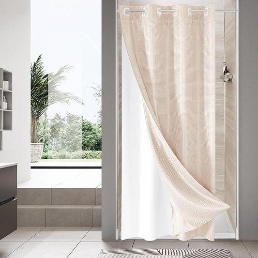 MitoVilla Pink Waffle Small Stall Shower Curtain 36 x 74, No Hooks Required Half Size Narrow Fabric Cloth Shower Curtain Set with Snap-in Liner for Modern Bathroom Decor, Blush Pink