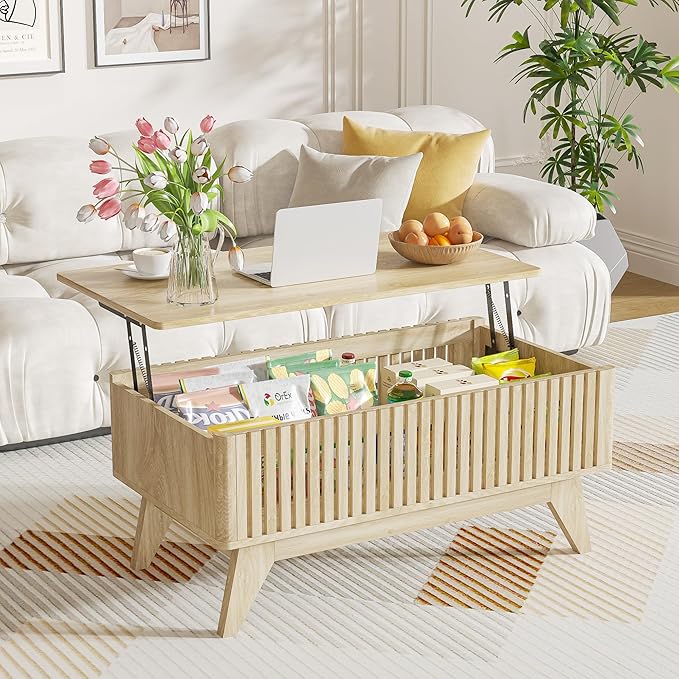 Lift Top Coffee Table with Hidden Compartment, Mid Century Modern Coffee Table for Living Room, Fluted Design Farmhouse Center Table with Storage (Wood, 35.4" W)