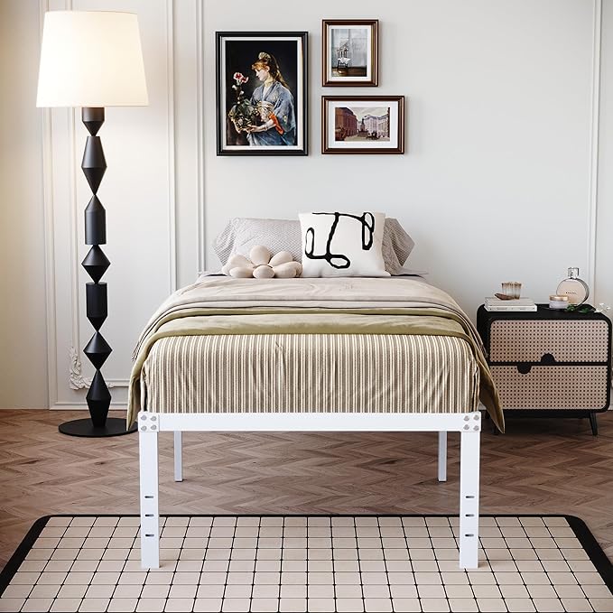 18 Inch Twin Bed Frame Heavy Duty No Box Spring Needed Metal Platform with Maximum Storage, Easy Assembly, Noise Free, White