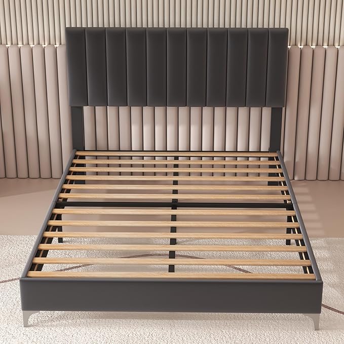IDEALHOUSE Queen Bed Frame with Velvet Headboard Adjustable, Strong Wooden Slat Support, No Box Spring Needed, Noise Free Sleep,Easy Assembly, Dark Grey