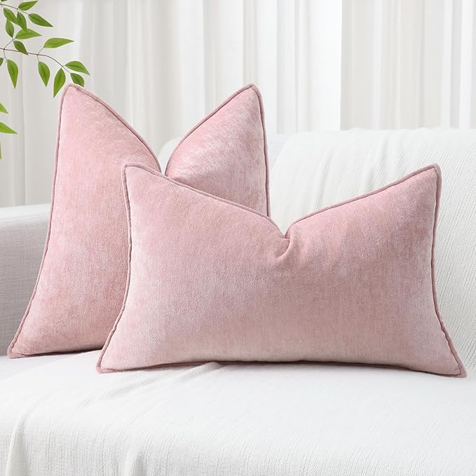 decorUhome Couch Throw Pillow Covers 22x22 Set of 2, Decorative Soft Euro Neutral Chenille Pillow Covers with Elegant Design for Sofa Bed Living Room Home Decor, Blush Pink
