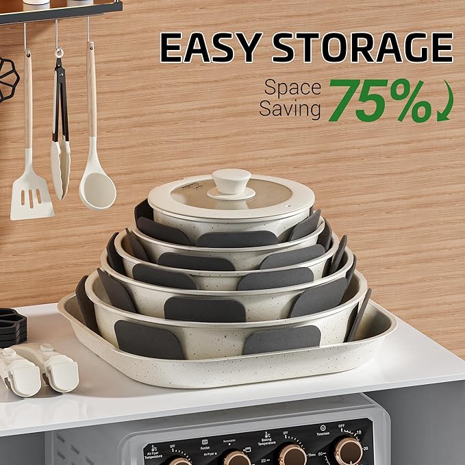 26 Pcs Pots and Pans Set Non Stick, Ceramic Cookware Set Non Toxic with Detachable Handles, Healthy Induction Cookware Dishwasher Oven Safe RV Kitchen Set, PFAS PFOA & PTFE Free, Cream White