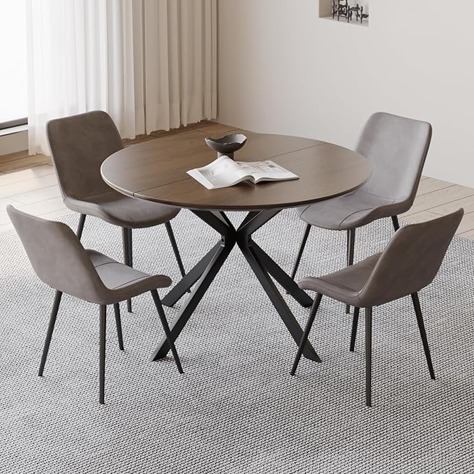 46.4" Round Dining Table Set with 4 Chairs, Modern Dining Set with Comfortable PU Leather Chairs, Sturdy MDF Table with X-Shaped Base, Easy Assembly, Ideal for Dining Room or Kitchen