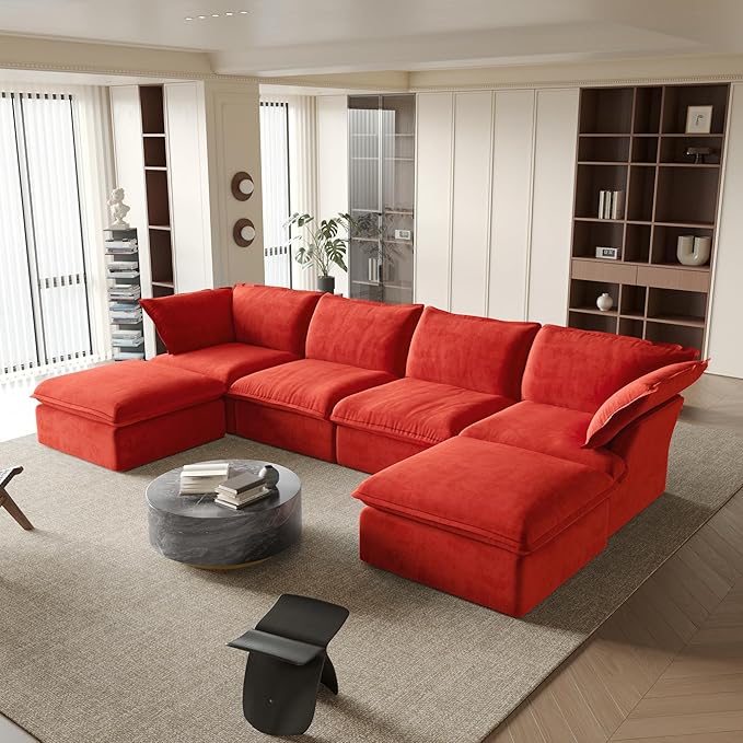 JACH U-Shaped Couches for Living Room, Convertible Sectional Sofa, Modern Deep Seat Soft Cloud Couch, Modular Sectional Sofas with Two Ottomans for Living Room, Apartment (Red)