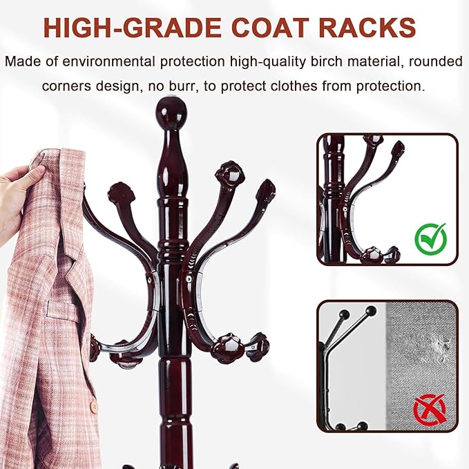 Coat Racks Freestanding, Natural Wood Coat Stands with 14 Hooks, 73" Heavy Duty Adjustable Height Vintage Hall Tree for Entryway, Bedroom, Office, Easy Assembly (Rosewood Ruyi hook)