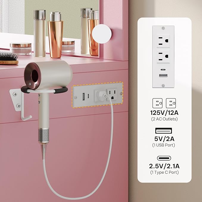 DWVO Vanity Desk with Mirror, Hollywood Lighted Makeup Mirror with 3 Lighting Modes, Power Outlets, Hairdryer Holder, Vanity Table with Ample Storage for Bedroom, Bathroom, Pink