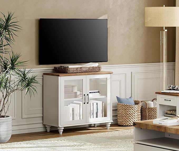 Wampat TV Stand for 43 Inch TV with LED Light, Wood Console Table for Living Room, Buffet Cabinet with Glass Door for Dining Room, Off White