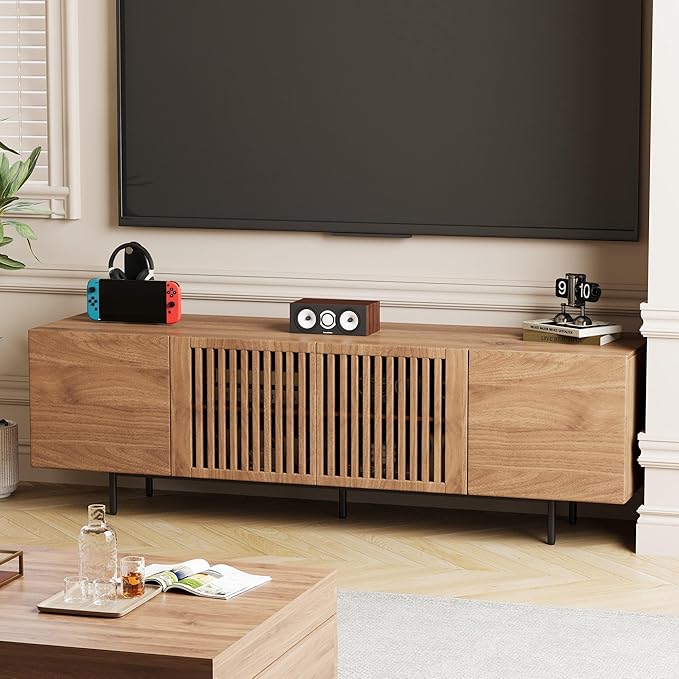 Mid Century Modern TV Stand for 70 Inch TVs, 70.87" Walnut Console with Ample Storage – Stylish Entertainment Center for Living Room or Bedroom