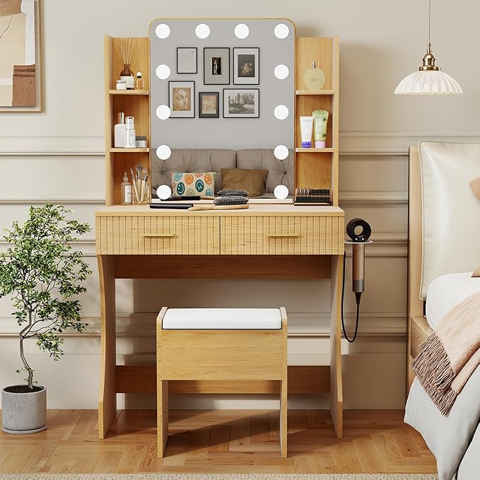 Small Vanity Desk with Mirror and Lights, Makeup Vanity Desk with 3 Color Modes Adjustable Bulb, 2 Large Drawers and 4 Open Storage Shelves, Natural Vanity with Charging Station for Bedroom