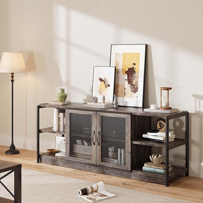 CABIHOME Farmhouse TV Stand for 65/75 inches TVs, Entertainment Center with Storage Cabinet and Mesh Doors, Industrial Media Console Cabinet Table, Living Room Media Furniture, Oak