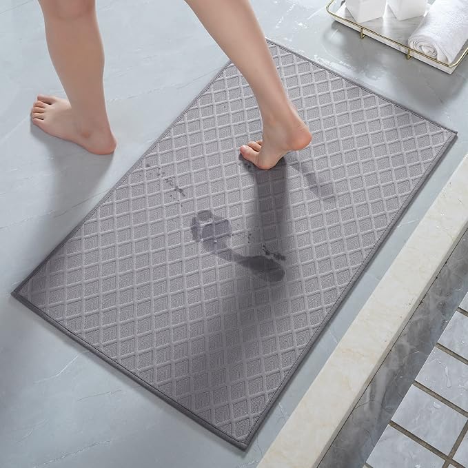 AMOAMI Ultra Thin Bathroom Rugs, Rubber Backed Bath Mats for Bathroom Non Slip, Absorbent Bathroom Mat for Floor, Shower, Sink(20"x 32", Grey)