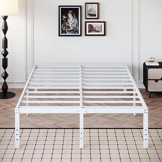 18 Inch Full Size Bed Frame Heavy Duty Metal Platform No Box Spring Needed, Maximum Storage, Easy Assembly, Noise Free, White