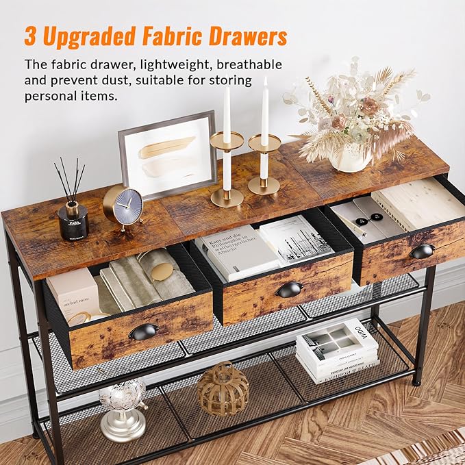 Furologee Entryway Table, 38'' Console Sofa Table with 3 Fabric Drawers, Industrial Entry Way Table with Storage Shelves, Display Shelf for Living Room, Hallway, Entrance, Foyer, Rustic Brown