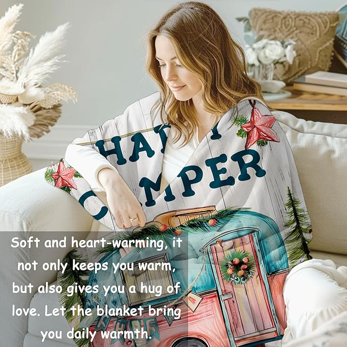Camper Flannel Blanket, Camp Gifts, Camping-Themed Blanket for Women, Soft Lightweight Throw Blankets for Bed Home Travel Decor 50" x 60"