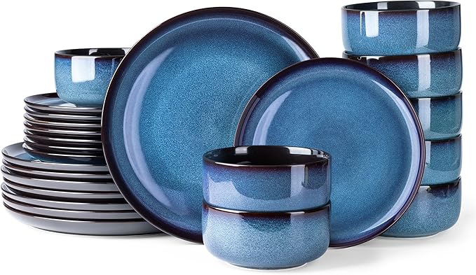 LERATIO Ceramic Dinnerware Sets for 8,Stoneware Plates and Bowls Sets,Reactive Glaze Dishes Set,Highly Chip and Crack Resistant | Dishwasher & Microwave & Oven Safe Dishes set,Service for 8-Blue(24pc)