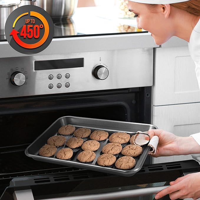 NutriChef 2-Piece Nonstick Stackable Cookie Sheets - Heavy Duty, Non-Toxic Carbon Steel Bakeware Trays, Easy Clean, Warp-Resistant, Large & Medium Sizes - Dishwasher Safe - Gray