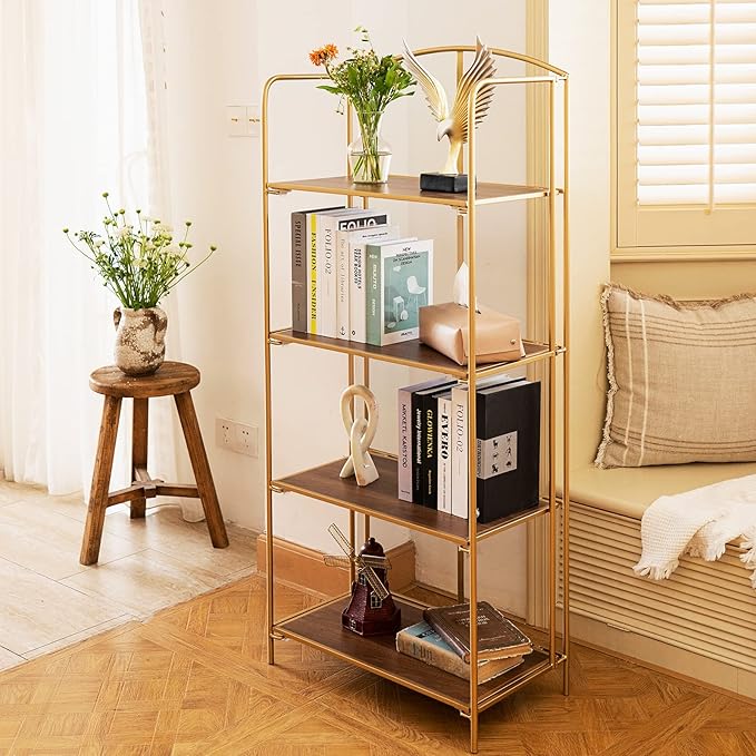 Crofy No Assembly Folding Bookshelf for Living Room, 4 Tier Gold Collapsible Book Shelf for Home Office, Portable Bookcase Storage Organizer