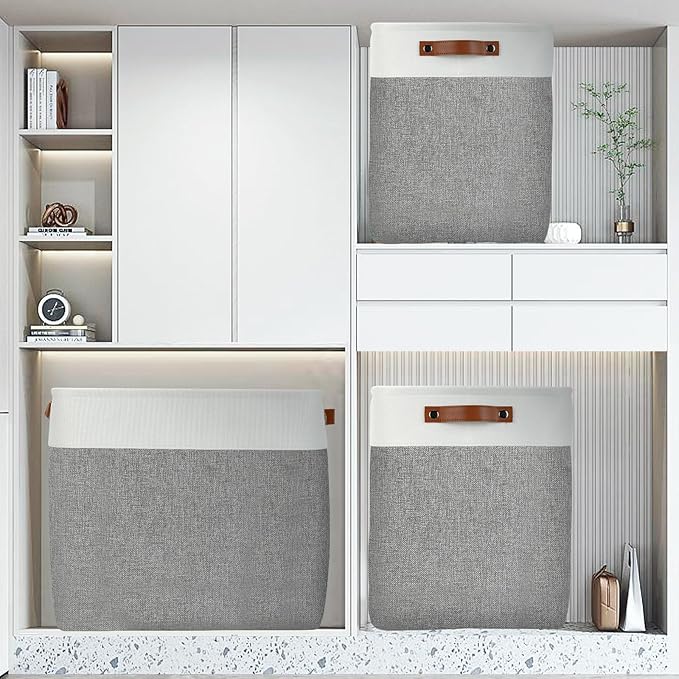 DULLEMELO Storage Baskets 17 inch Large Basket for Blanket Living Room, Foldable Storage Bins Baskets for Organizing [3 Pack] Blanket Storage Baskets Organizer for Home,Office,Closet(White&Grey)