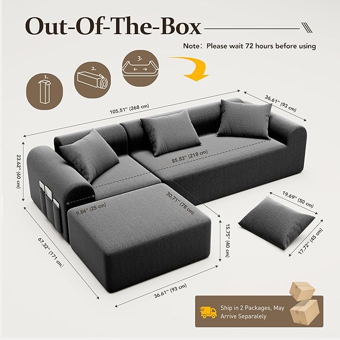 105.5" Cloud Sectional Couch with Ottoman & 4 Pillows, L Shaped Couches Boneless Sofa for Living Room, Chenille Fabric Deep Seat Comfy Couch, No Assembly Required, 72h to Restore