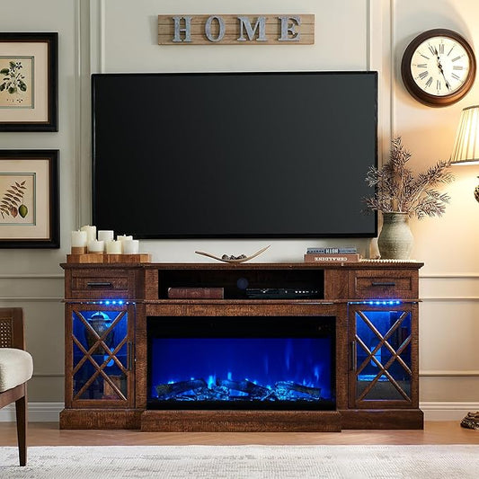 OKD 70'' TV Stand With 36'' Electric Fireplace, Media Entertainment Center for TVs Up to 80'', Modern Farmhouse 3-Sided Glass Stand With 3 Color Lights & 5 Flame Speeds, Reclaimed Barnwood