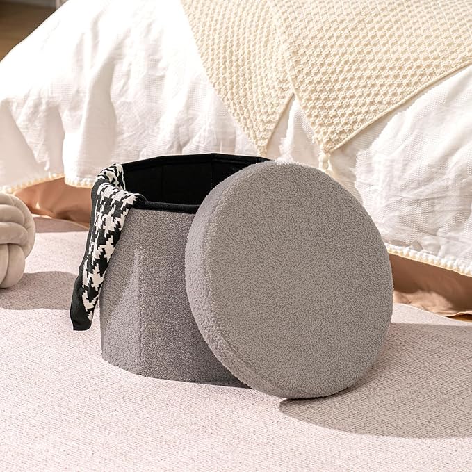 B FSOBEIIALEO Storage Ottoman Cube, Round Ottomans with Storage Foot Stool Footrest for Lving Room, Boucle Ottoman Seat for Dorm Room,Faux Teddy Fur, Grey 15"x15"x15"
