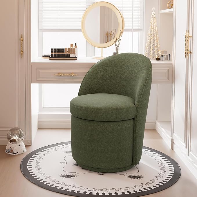 YOUNIKE Vanity Bench Boucle Fabric Green Solid Wood Swivel Accent Chair with Backrest Easy Assembly Dressing Stool for Bedroom & Makeup Room