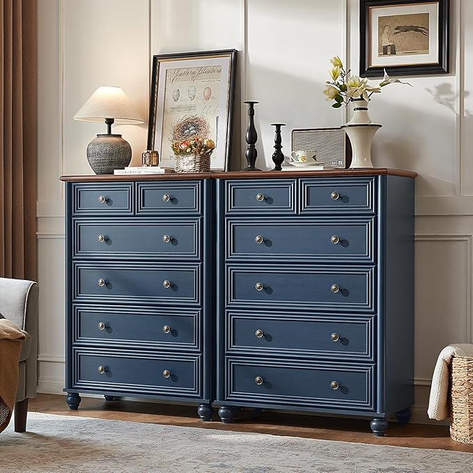 Farmhouse 6 Drawer Dresser, 15.75" D x 31.5" W x 43.5" H Chest of Drawers for Bedroom, Blue Tall Dresser with 4 Solid Wood Feet, Wood Storage Dressers Organizer for Living Room Hallway Closet