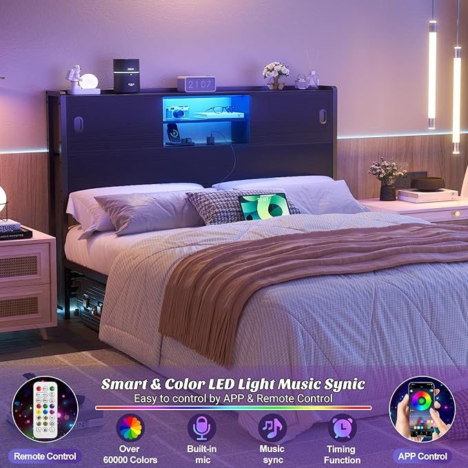 Homieasy Headboard for Full Size Bed with Storage, Sturdy Bookcase Headboards with Outlet, USB & LED Light, Full Size Headboard Only, Head Board with Sliding Doors & Bed Adapter for Bedroom, Black