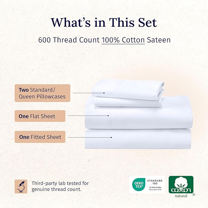 California Design Den Full Size Bed Sheets Set - Luxury 600 Thread Count 100% Cotton Sateen, Cooling Sheets, Deep Pockets with All Around Elastic for a Snug Fit, Hotel Quality Bedding Set - White