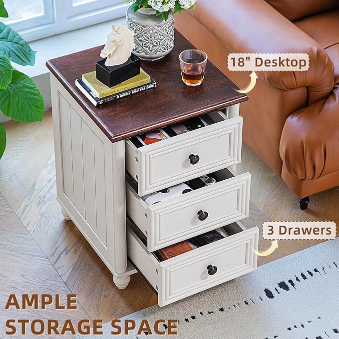 18" Farmhouse Night Stand Set of 2, White Wood Nightstand with 3 Drawers, Bedside End Table with Storage and Roman Column, Bed Side Tables Cabinet for Bedroom, Living Room, and Closet
