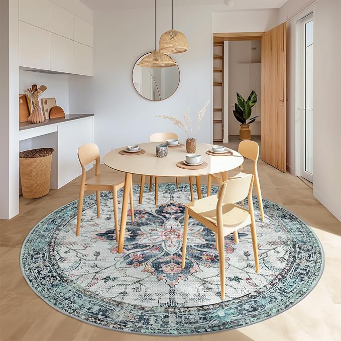 Area Rugs 6ft Washable Non-Slip, Floral Vintage Distress Print Pattern Medallion Carpet for Living Room Bedroom Dining Room, Green Navy Blue White Red Teal Colorful