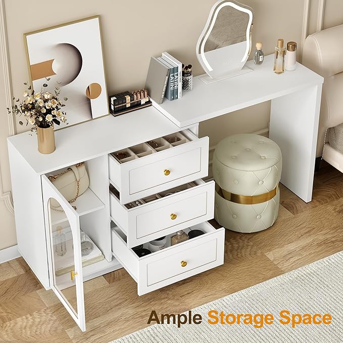 RoyalCraft 59” Makeup Vanity Desk, White Vanity Dresser Combo, Modern Corner Makeup Table with 3 Drawer & 1 Door, Wood Dressing Table for Women Girlfriend, Vanity for Bedroom (Without Mirror)