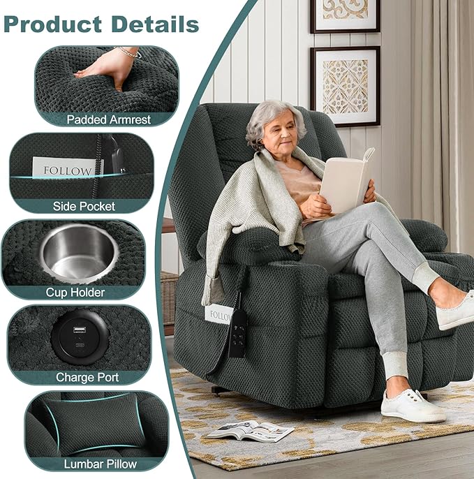 Infinite Position Power Lift Chair, Dual Motor Power Lift Recliner Chair with Massage and Heat Function for Elderly People, USB Ports, Premium Grey