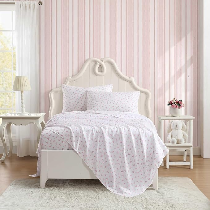 Laura Ashley Kids - Twin Sheet Set, Soft & Wrinkle-Resistant Toddler Bedding Set, Deep Pockets, Girl Bed Sheets with Matching Fitted Sheet & Pillowcase (Busy Bee Pink)