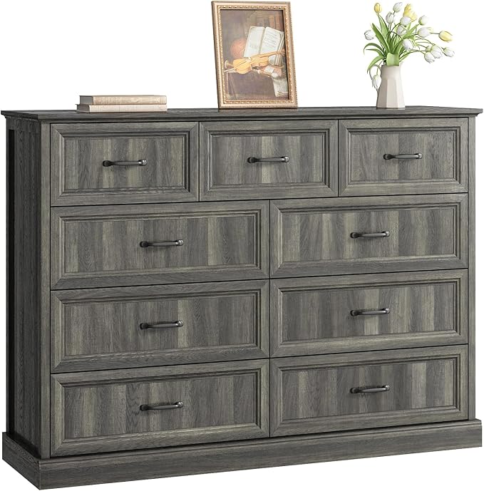 CARPETNAL Farmhouse 9 Drawer Dresser for Bedroom, 55 Inch Wide Modern Grey Dresser TV Stand with Large Drawers & Bar Handles, Rustic Wood Chest of Drawers for Bedroom, Living Room, Hallway, Entryway.