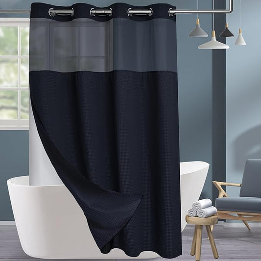 Conbo Mio Stall No Hook Waffle Weave Shower Curtain with Snap in Liner Set, Hotel Luxury Black Shower Curtains for Bathroom with See Through Top Window, Waterproof, Washable 54W x 74H