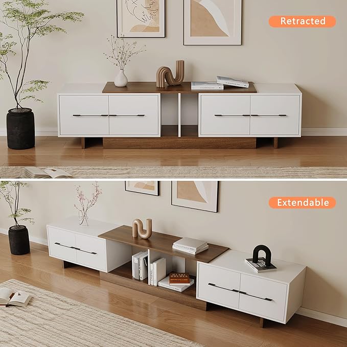 Extendable TV Stand, Modern TV Console with 4 Large Drawers and Adjustable Shelves, Entertainment Center Fits Up to 120" TV, Media Console for Living Room, Walnut & White (Extendable 74.8"-102.3")