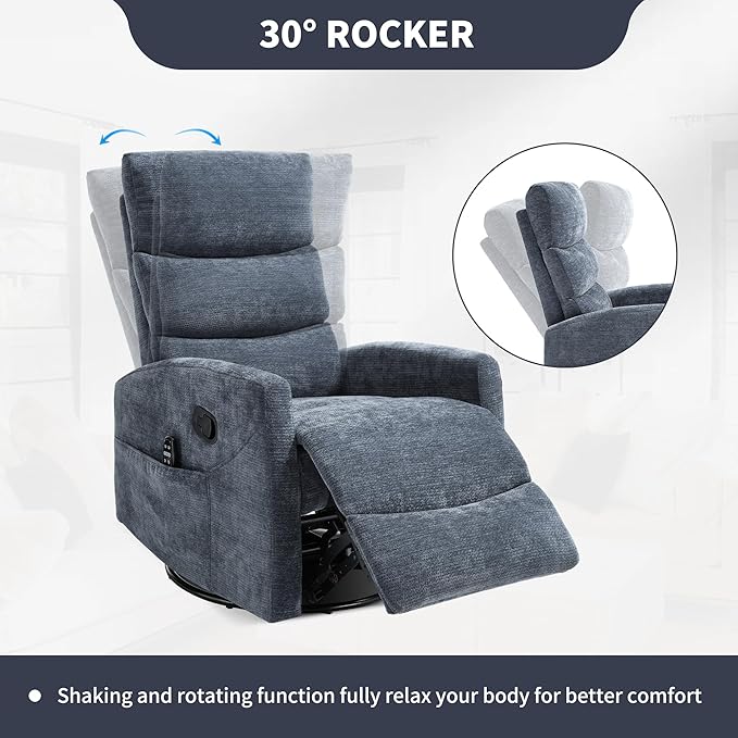 PELUMY Massage Recliner Chair with Heat - Manual Rocker Swivel Recliner, 360° Rotation & 155° Recline for Living Room（Linen Fabric, Blue）